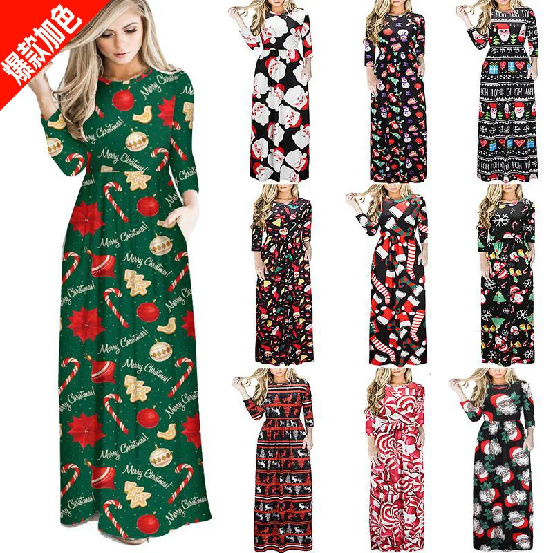 

2019 New Style Christmas Costume Halloween Clothing Europe And America Printed Long Sleeve Women's Dress Christmas Dress