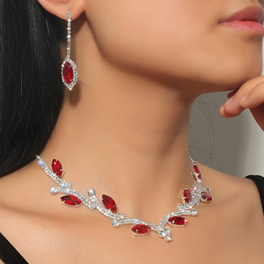 Luxury Colorful Crystal Irregular Leaf Shape Bridal Necklace Earrings For Women Bling Rhinestone Choker Necklace Wedding Jewelry