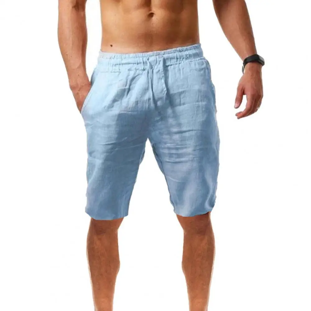 

Men Casual Shorts Solid Color Breathable Cotton Linen Drawstring Mid Rise Short Pants Knee-length Outdoor Activities Shorts