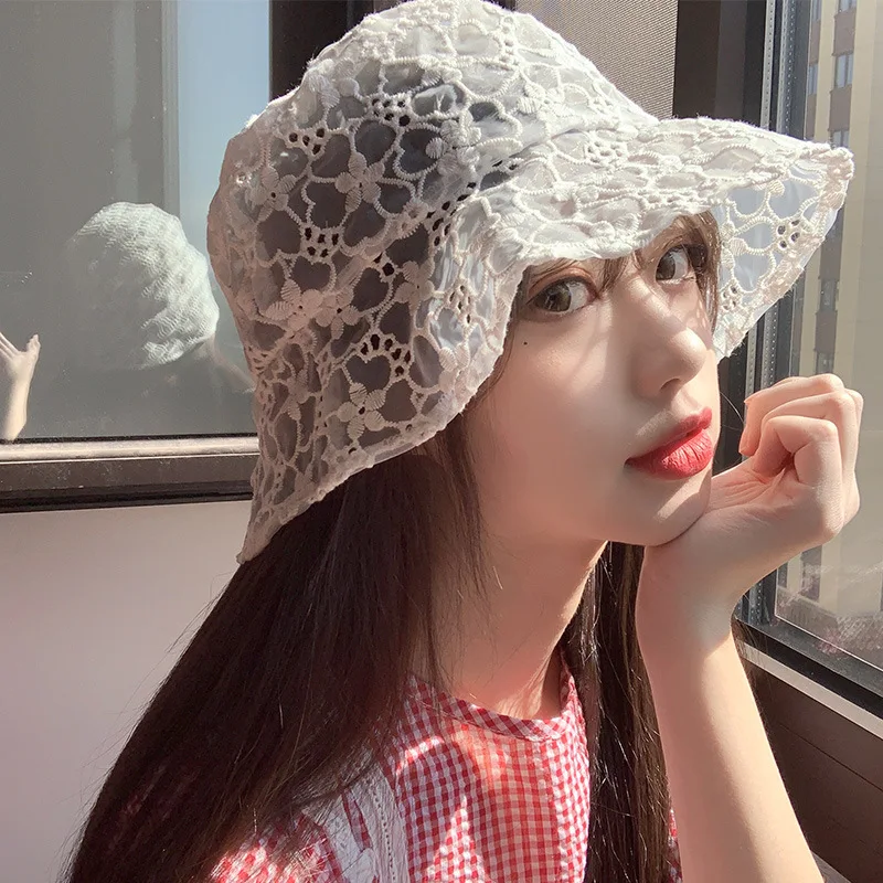 

Hat female new lace fisherman hat Korean version of wild tide summer thin flower hollow sunscreen sun hat