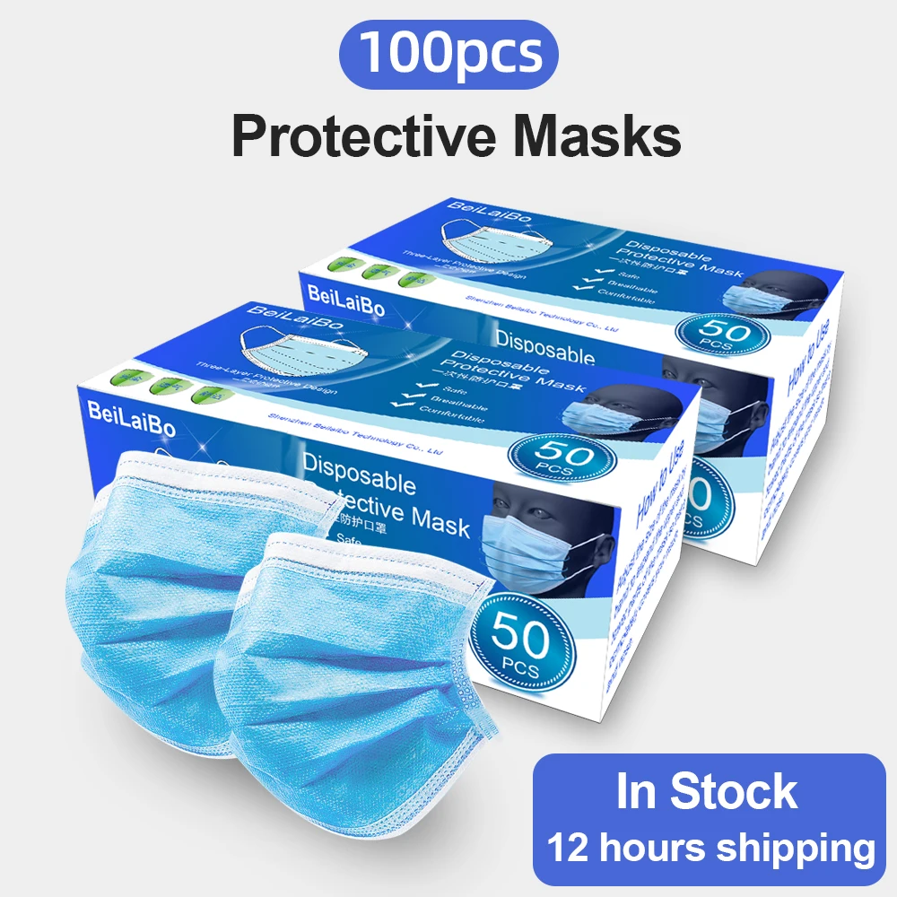 

100Pcs Disposable 3 Layers Protective Masks Prevent Anti Virus Dust Formaldehyde Bacteria Protection Face Mouth Masks PM2.5 FPP3
