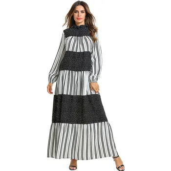 

Women Dot Stripe Patchwork Muslim Long Dress Thin Lace Collar Long Sleeve Elegant Swing Maxi Dresses Abaya Dubai Spring 2019 New