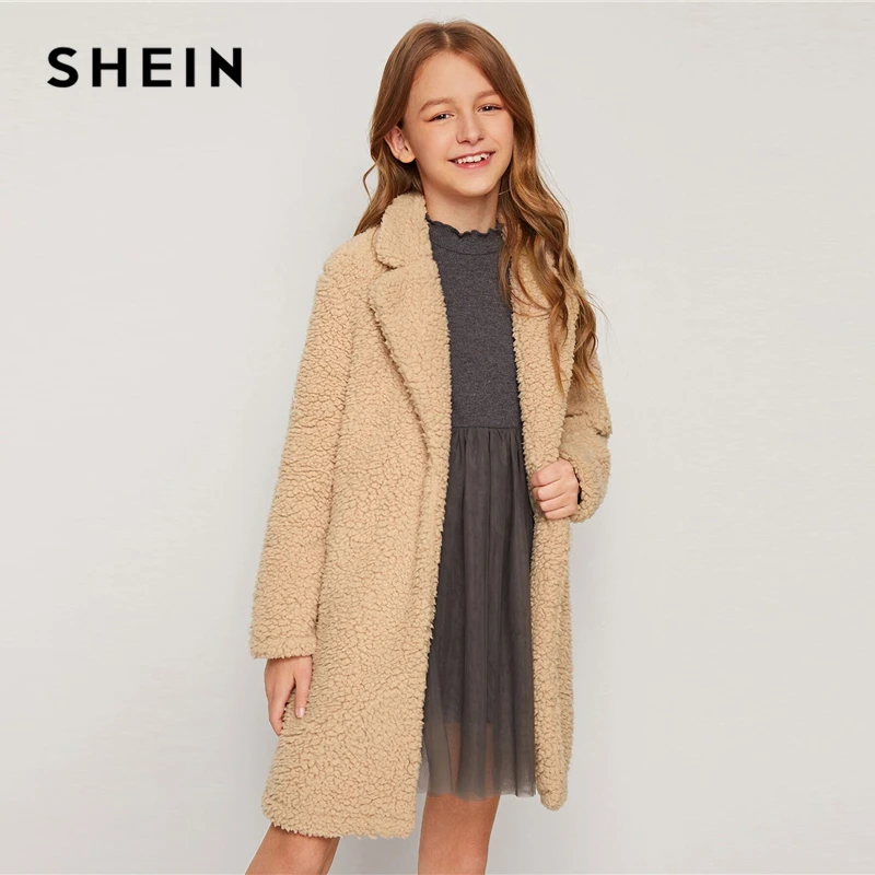SHEIN/однотонное бежевое повседневное плюшевое пальто с открытой передней частью для девочек; детская верхняя одежда; коллекция года; сезон весна-осень; детское теплое пальто с длинными рукавами