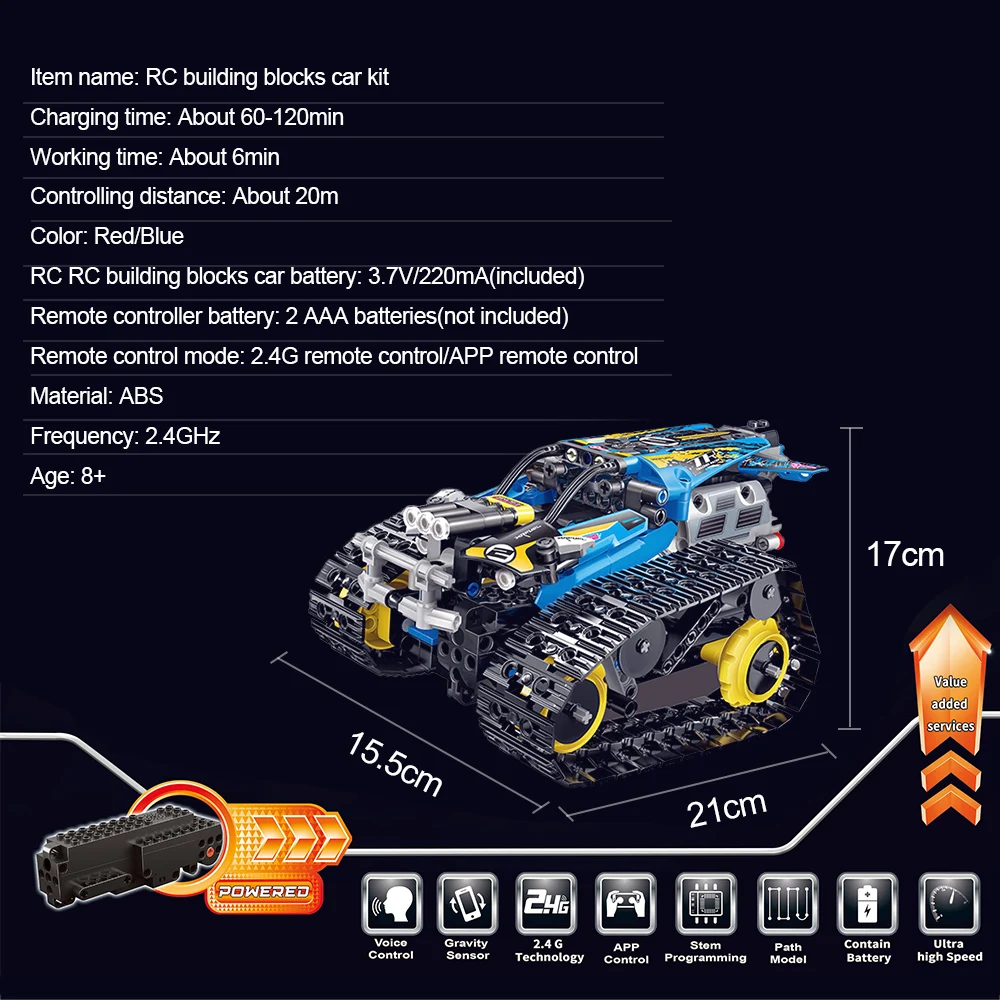 

High Quality 2.4GHz RC Building Blocks Car DIY Building Kit Car Toy DIY RC Tank RC Stunt Car APP Remote Control Sensor