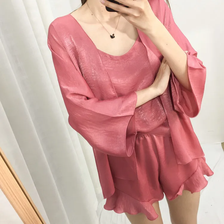 Korean-style Thin New Style Velvet Four-piece Set Pajamas Women's Spaghetti Strap Pajamas Women's Robes Coat Tracksuit Spring An