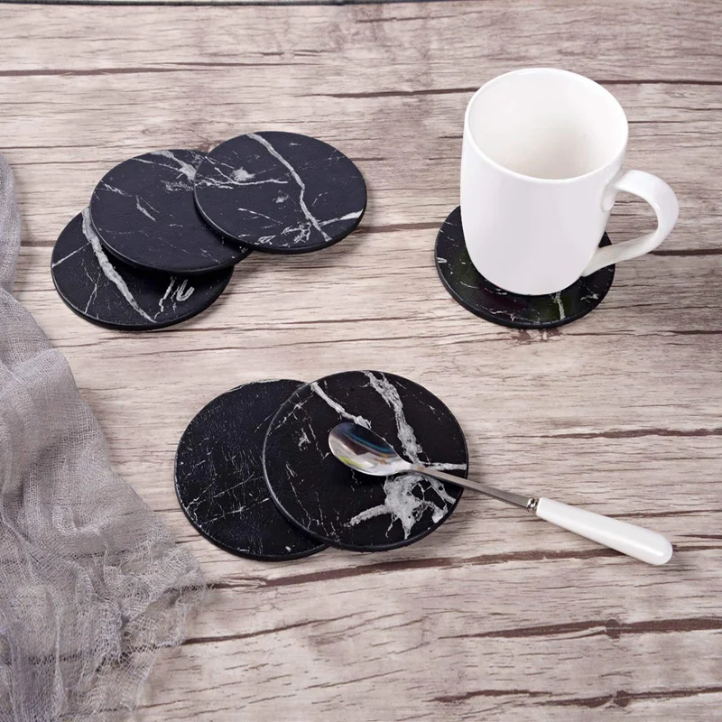 Coasters for Drinks 6-Piece with Holder,Marble Black Round Cup Mat Pad Set  S6J2 