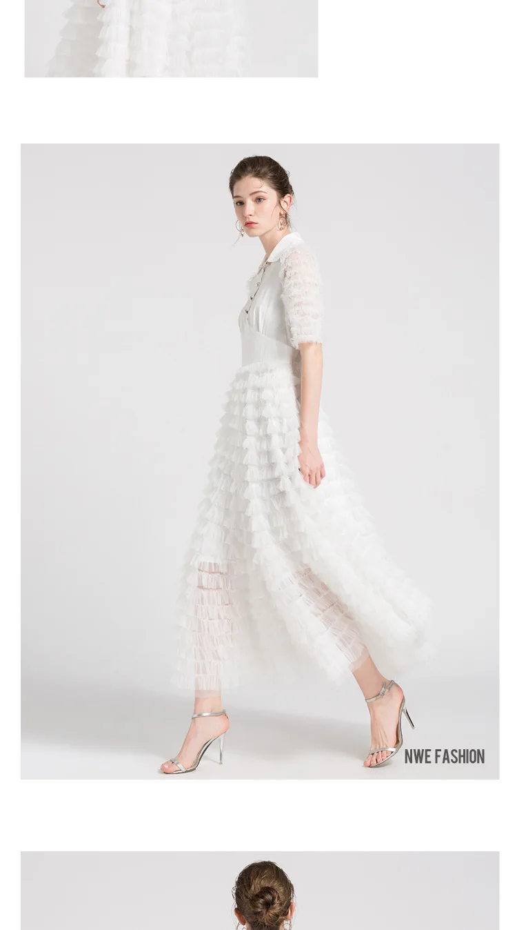 Mesh cake Stitching style dress Doll collar Single-breasted Five-point sleeve new Fashion casual style Free shipped