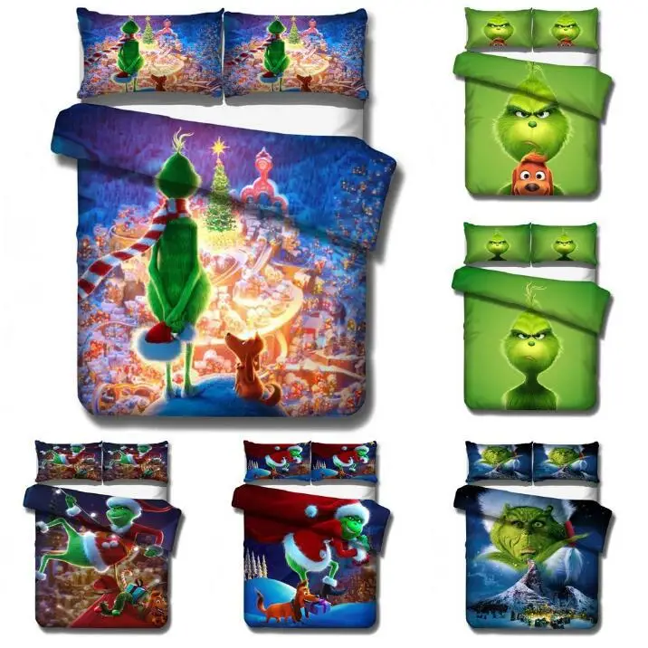 

Cartoon Green Monster Grinch Bedding Set Duvet Cover Pillowcases Comforter Cover Bed Linens Bedclothes Twin Full Queen King Size