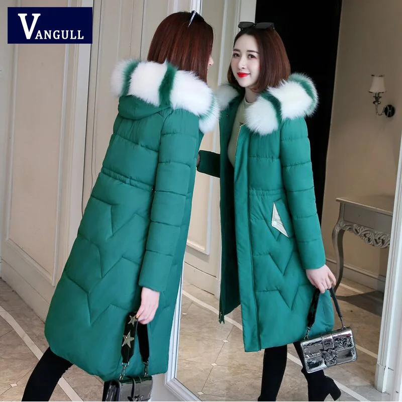 Зеленый Vangull Parka женские зимние пальто длинные хлопковые повседневные меховые куртки с капюшоном женские толстые теплые зимние парки Женские приталенные пальто - Цвет: Зеленый