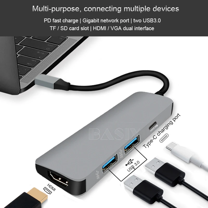 Basix USB-C концентратор USB C до 3,0 концентратор HDMI Thunderbolt 3 адаптер для MacBook samsung Galaxy S9 huawei P20 mate 20 Pro type C usb-концентратор