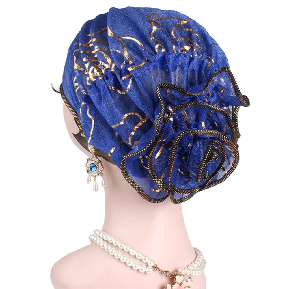 Muslim Fashion Women's Hijabs Headscarf Pile Heap Cap Women Able Caps Islamic Bronzing Flower Turban Hat