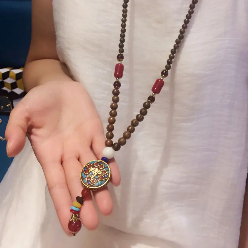 Lady Gemstone Beads Jewelry Retro Style Metal Pendant Necklace Decoration