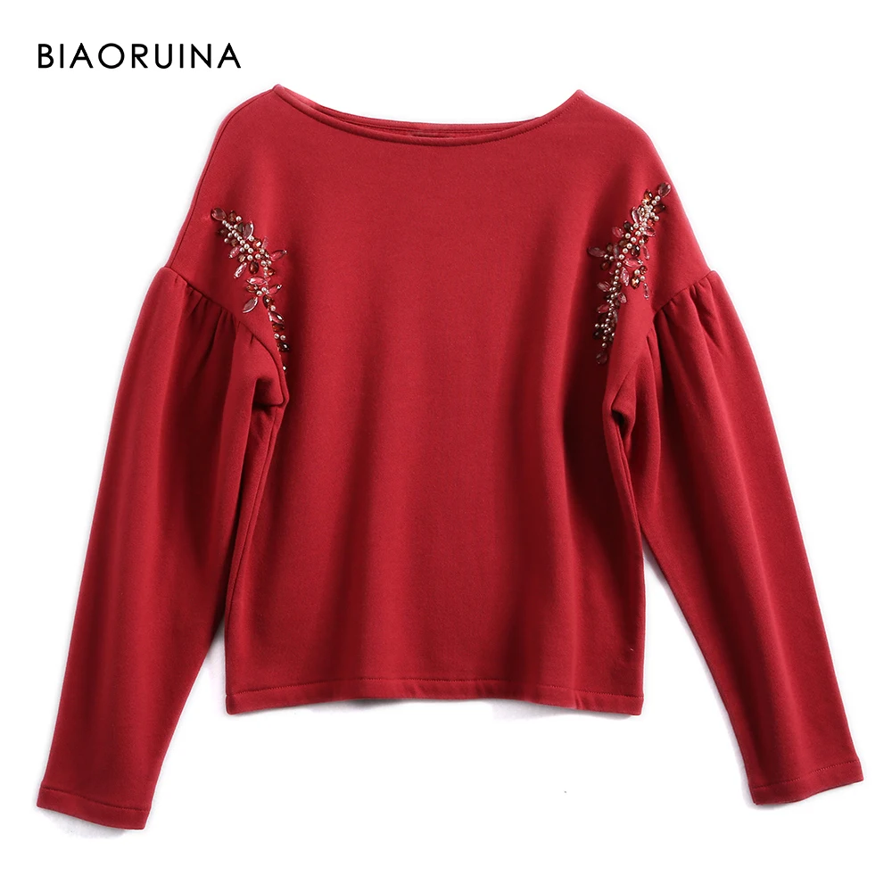 BIAORUINA, Женская махровая толстовка, 3 цвета, винтажная, подходит ко всему, вышивка бисером, флисовая подкладка, теплый, элегантный пуловер, лодочка, воротник