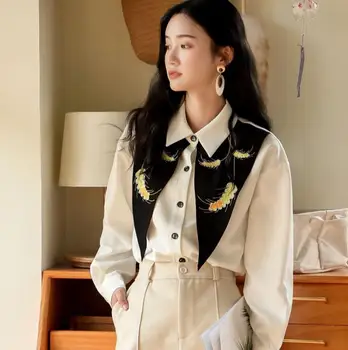 

Women Sweet Patchwork Blouse Embroidery Neck Special Designer Long Sleeve Shirt Female Office Wear Basic Tops Blusas SA728S30