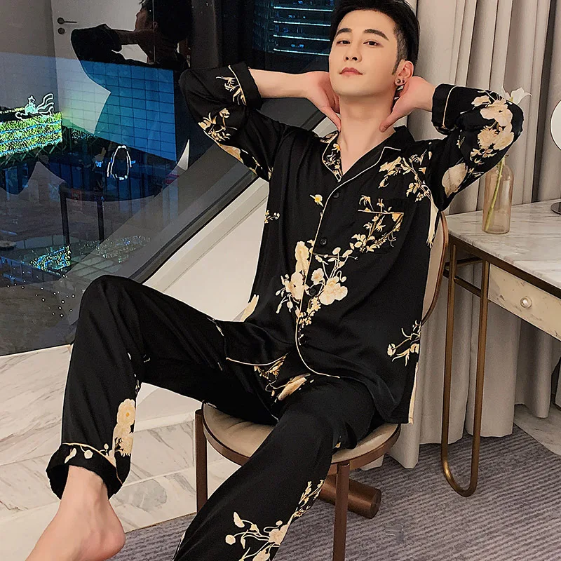 Black Print Flower Pajamas Set Women Spring Satin Silk Sleepwear Couple Sleep Set Nightwear Loose Casual Plus Size Pijamas Suit