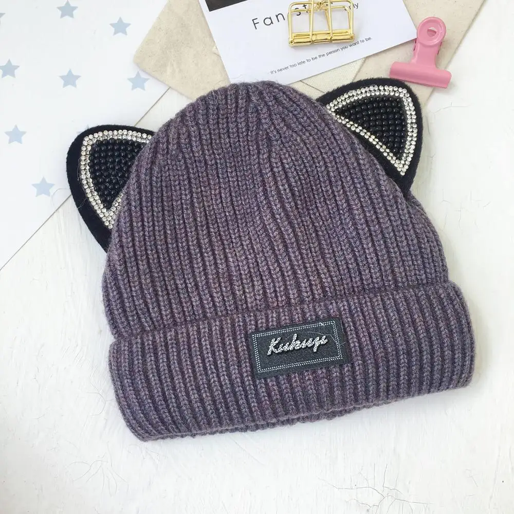 Детские шапочки Skullies, шляпы для мальчиков и девочек, зимняя однотонная шапка с кошачьими ушками, теплые плотные эластичные модные аксессуары