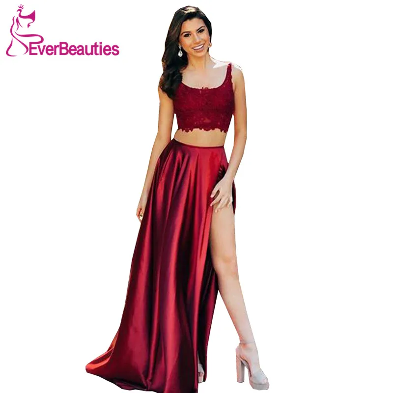 Burgundy Prom Dresses 2020 High Slit Satin Appliques Two Pieces