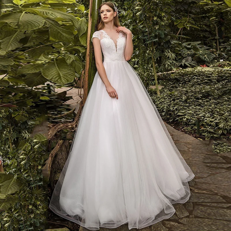 

Wedding Dress A-line 2020 Modest Scoop Neck Cap Sleeve Lace Applique Sweep Train Custom Made Tulle Bridal Gowns