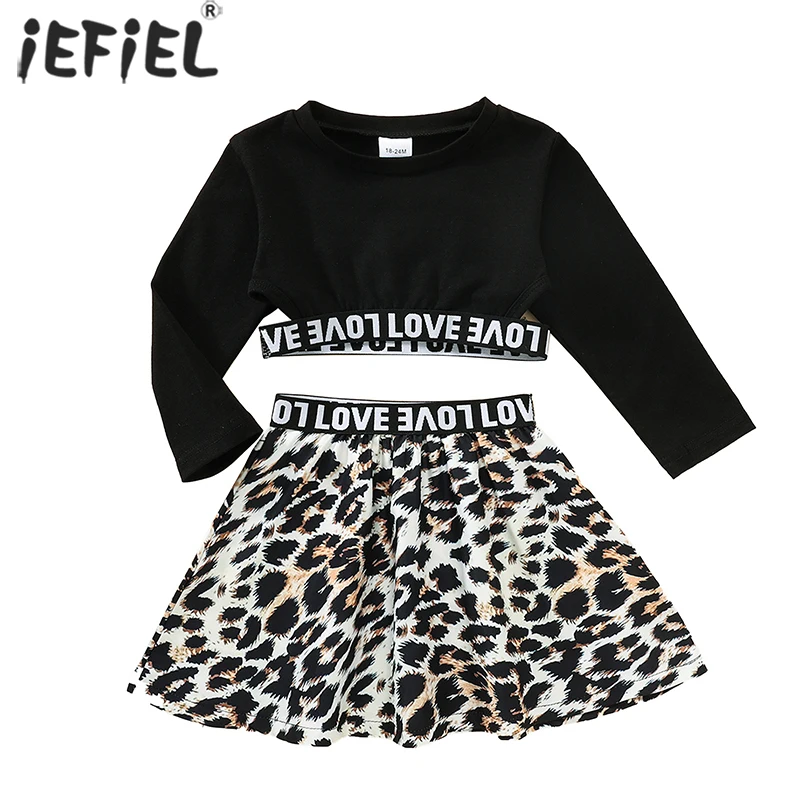 

1-6Y Toddler Kids Girls Clothes Set Letter Printed Sport Crop Tops with Leopard Skirts Costume Outfits Autumn Children Clothing