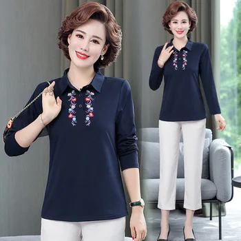 

2020 Early Autumn New Products Fashion Casual lapel Neck Top T-shirt Middle-Aged WOMEN'S Dress Solid Color Long Sleeve Base Shir