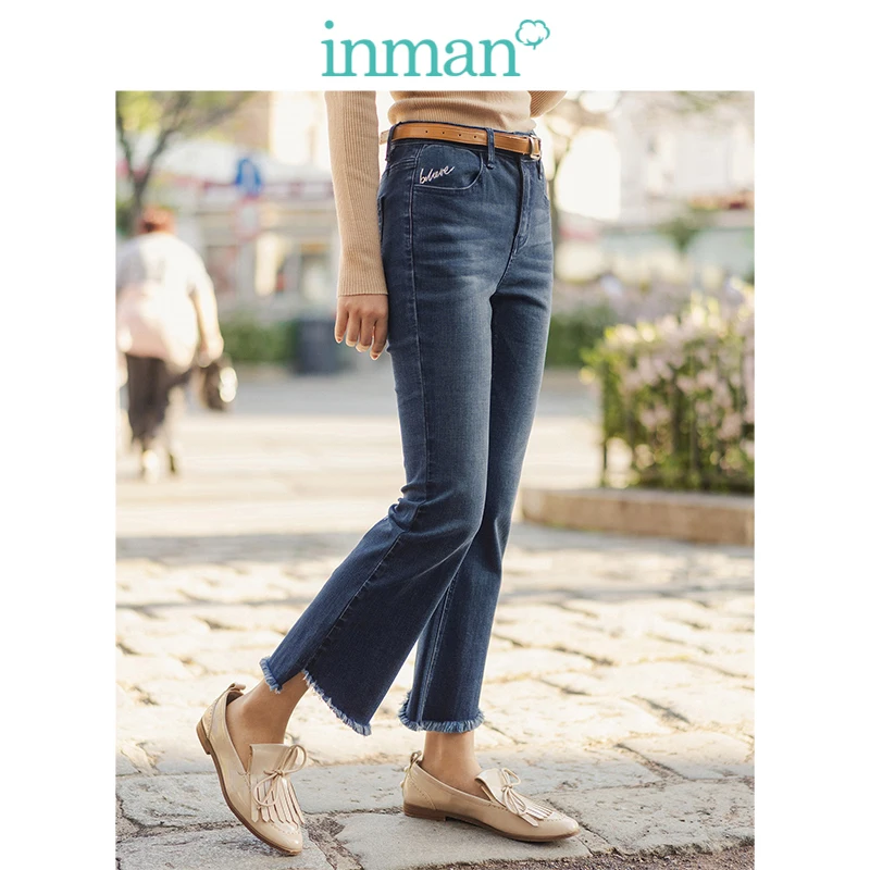 

INMAN 2019 Autumn New Arrival Medium High Waist Slim Irregular Flash Fashion All Matched Women Jeans