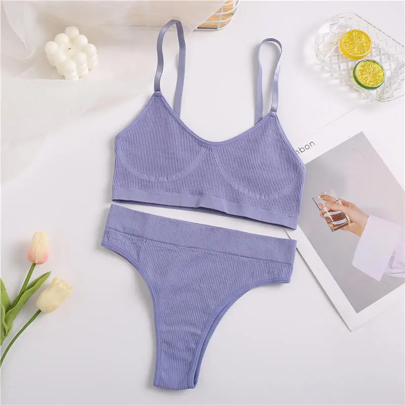 2PCS Bra Set Women Sexy Bralette Sexy Female Underwear Lingerie Ribbed Tops Girls Fashion Brassiere Basic Stretchy Tank Crop Top plus size bra and panty sets Bra & Brief Sets