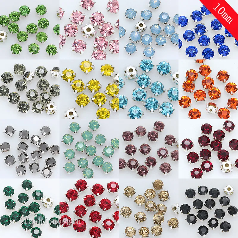 

36p 10mm Round color Sew on crystal glass Rhinestone jewels Silver Bottom Montees 4-hole Sewing Stone Button Wedding Dress craft