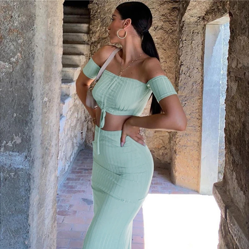 

Two Piece Set Women Strapless Crop Top and Skirt Suit Elegant Ladies Beach Holiday Vacation Outfit Clothes Set Streetwear