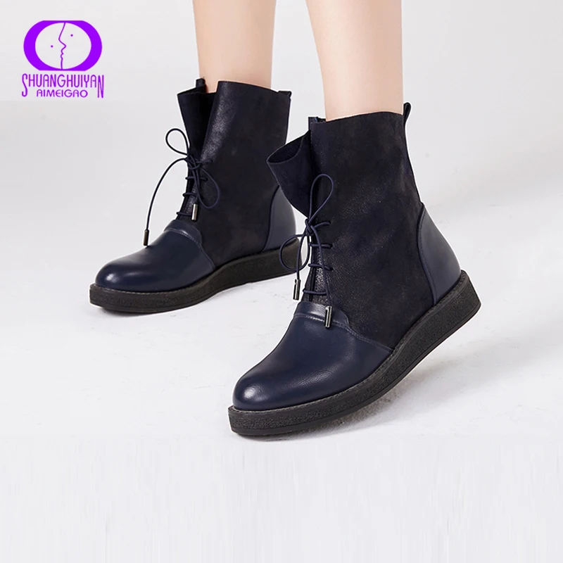 Najtaniej AIMEIGAO nowa jesienna kobiety botki platforma mieszkania kobiety zasznurować buty casual Fashion miękka skóra duże rozmiary buty dla kobiet
