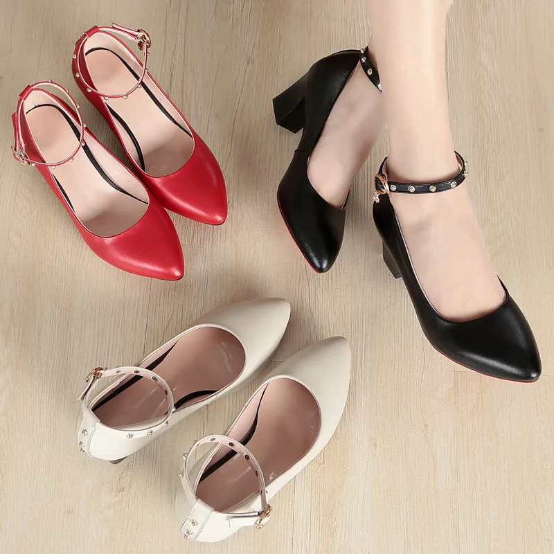 

18 Spring New Style Genuine Leather Women's Singles Leather Shoes High-Heel Chunky-Heel Straight-line Buckle Wedding Shoes Dance