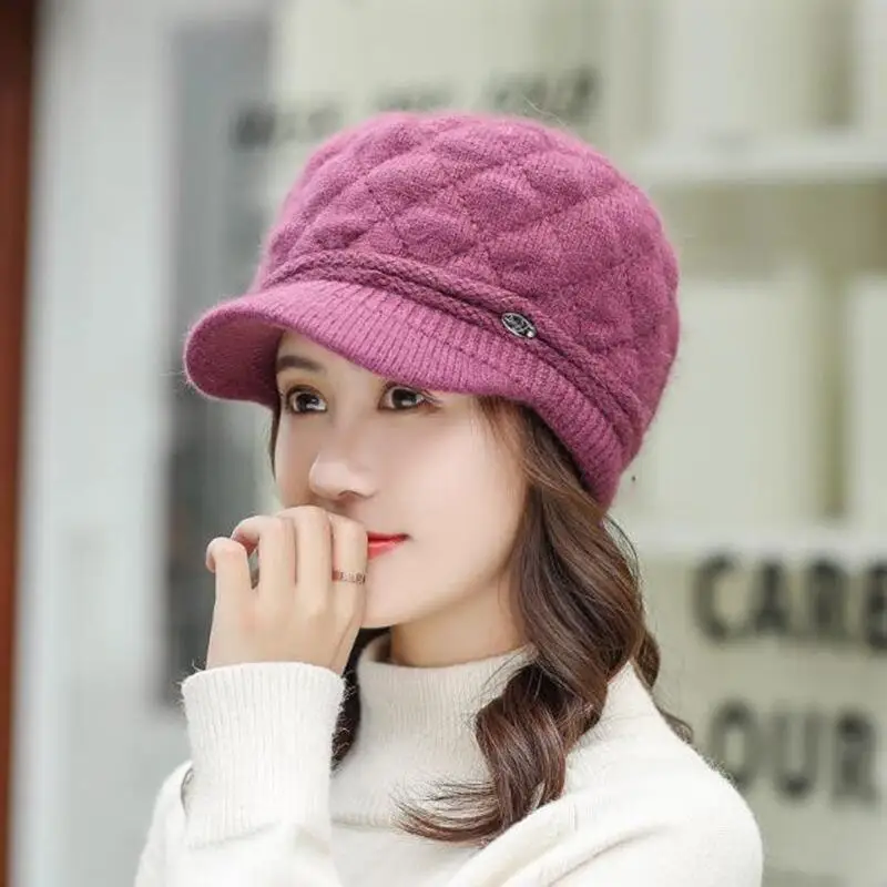 Autumn Winter Hats for Women Warm Thick Rabbit Fur Hats Women Newsboy Berets Ladies With Woolen Knitted Hat Female Caps