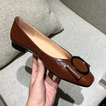 

MLJUESE 2020 women pumps soft cow leather autumn spring square toe brown color Metal decoration low heels party dress
