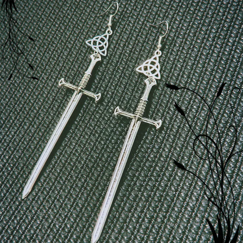 Triquetra Sword earrings Silver sword Katana pendant Fantasy jewelry Excalibur Blade Slay Highlander classical man woman gift