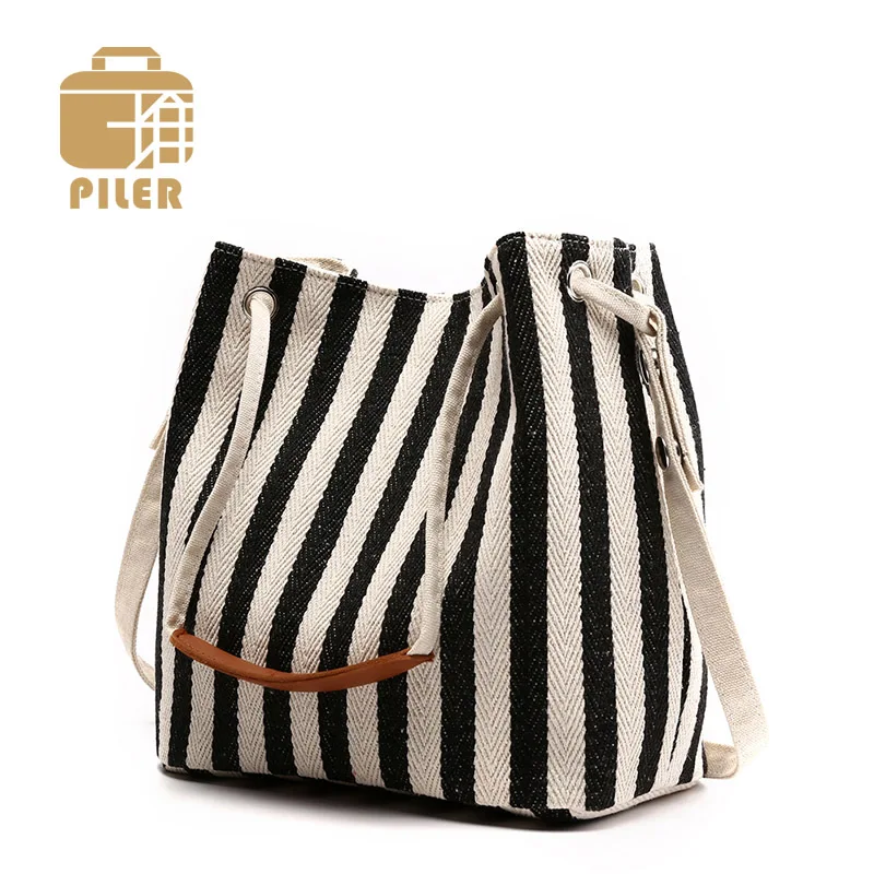 

Piler Brand Designer Women Canvas Shoulder Bags Ladies Crossbody Bag Female Stripe Purse Handbag Drawstring Bucket Bag 2019