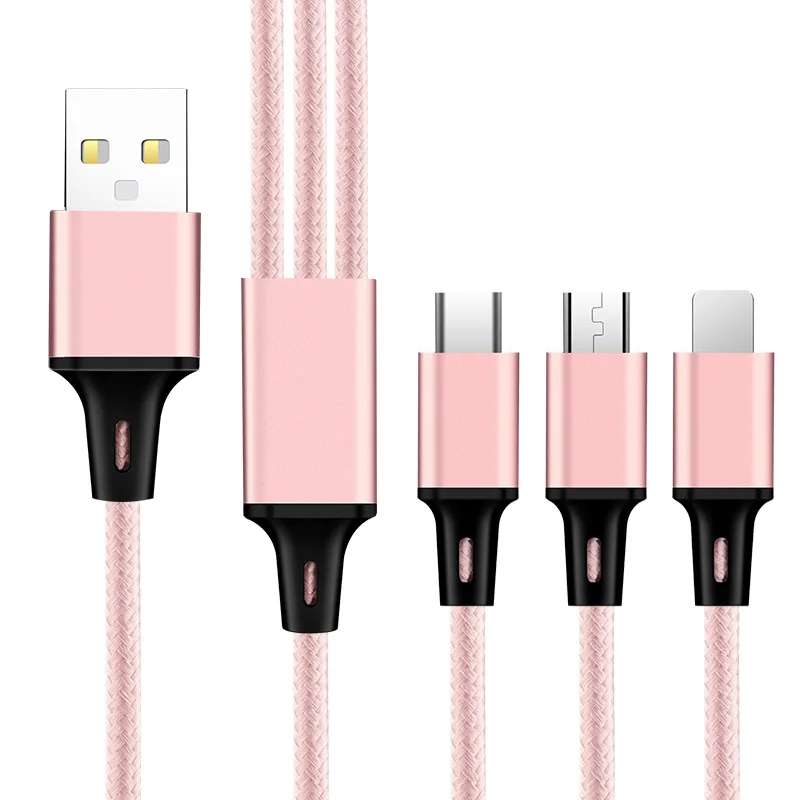 Rose Gold Кабель для передачи данных с нейлоновой оплеткой от одного до трех для iOS Android type-c, три в одном, устойчивые к обмотке кабели для быстрой зарядки мобильных телефонов - Цвет: Rose Gold