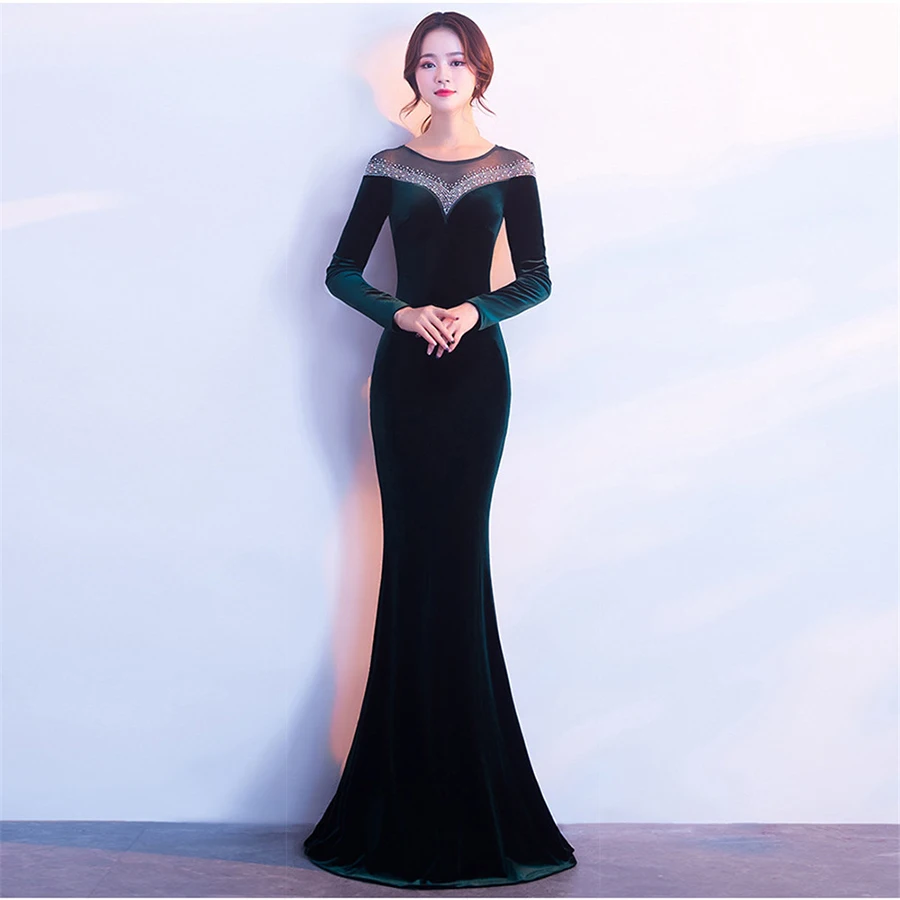 

Evening Dress 2019 Autumn Fashion O-Neck Full Sleeve Trumpet Formal Dresses Bling Crystal Slim Elegant Long Robe De Soiree C180