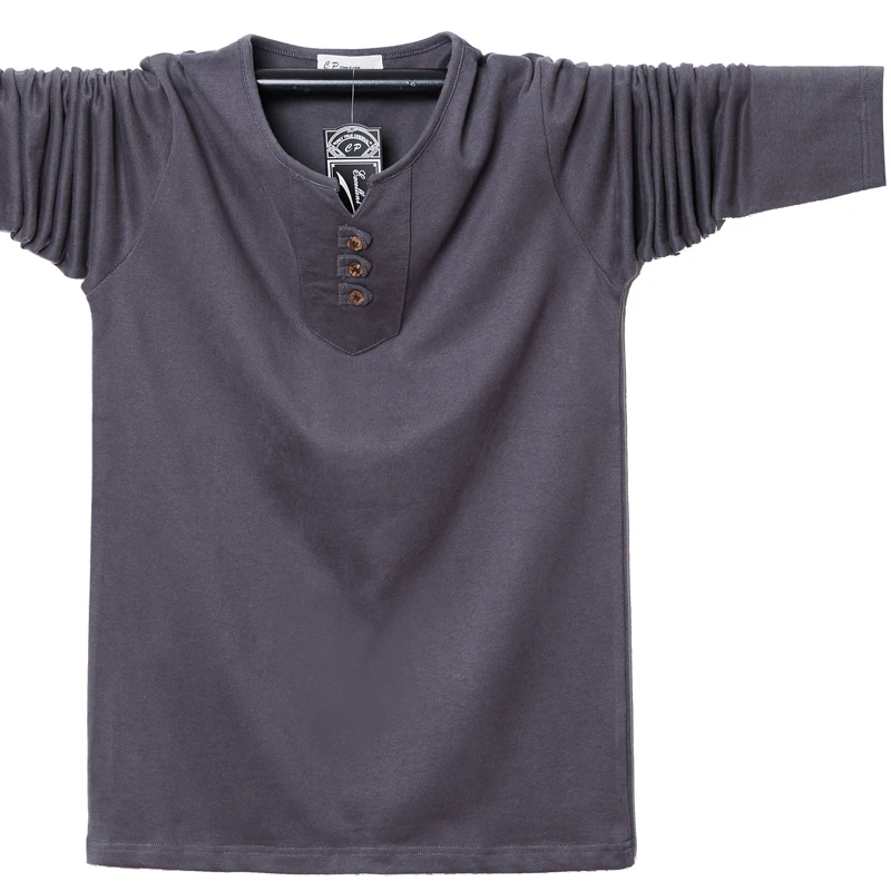 Осенняя Высококачественная Мужская футболка с длинным рукавом, Мужская разноцветная футболка с v-образным вырезом, мужская хлопковая M-6XL большого размера - Цвет: Темно-серый