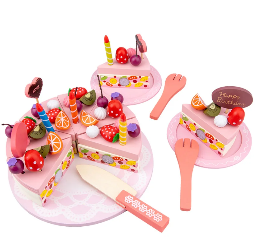 Vamos fazer crianças simulação bolo de aniversário brinquedo de madeira  fingir jogar faia paletes de corte de alimentos bolo montessori brinquedos
