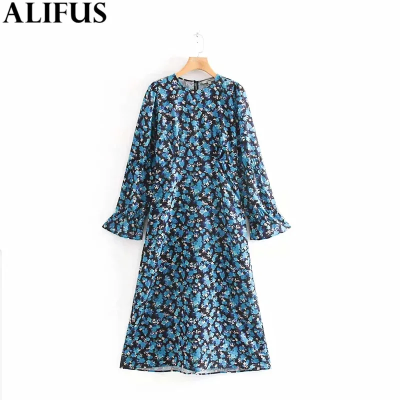 

Fashion Za Women Midi Dress 2019 Vintage Floral Printed Chic O-Neck Flare Sleeve Slim A-line Dresses Female Ladies Vestidos