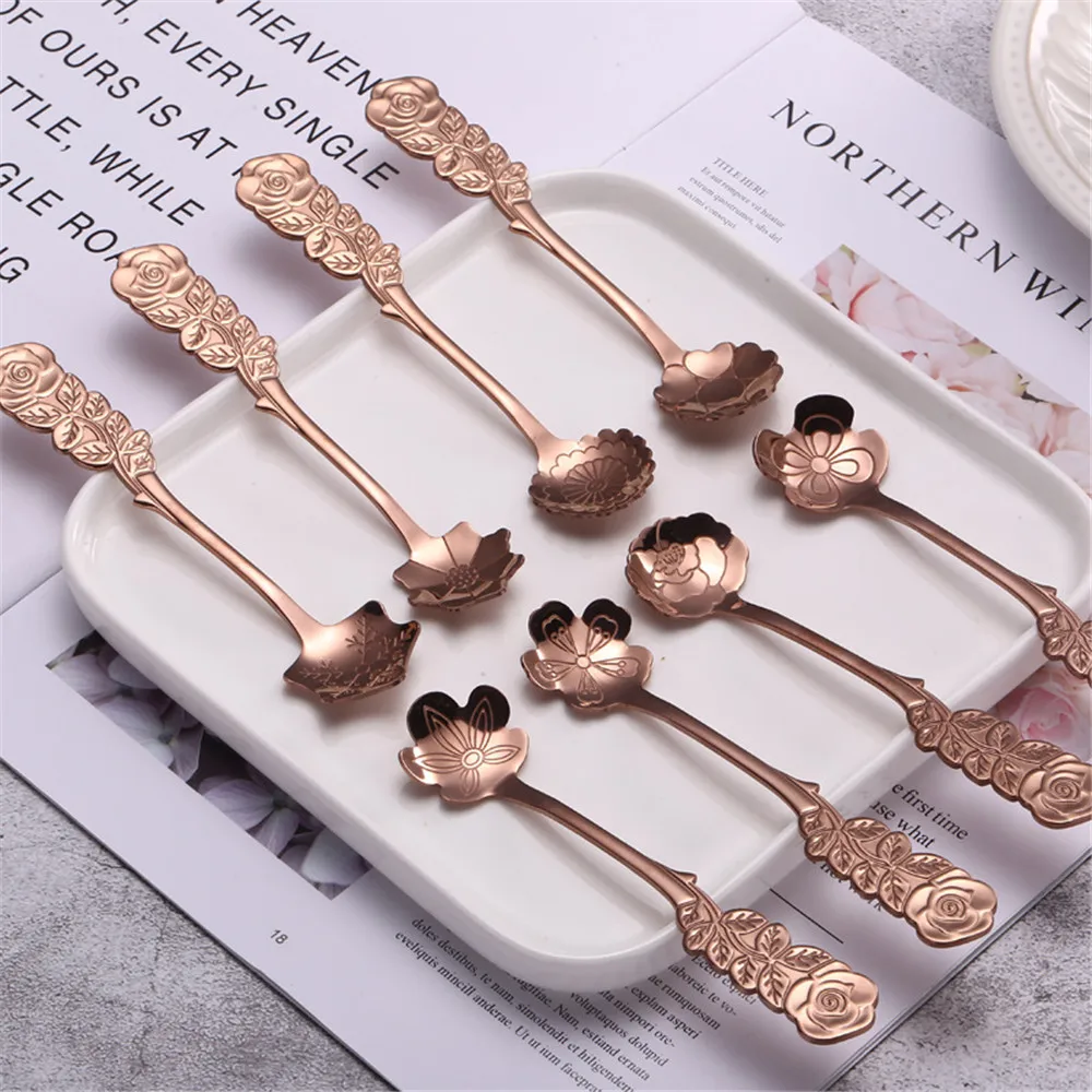 8PCS Stainless Steel Flower Spoons Tea Coffee Cream Fruit Dessert Spoon Rose Gold Flowers Teaspoon Tableware Wedding Decoration