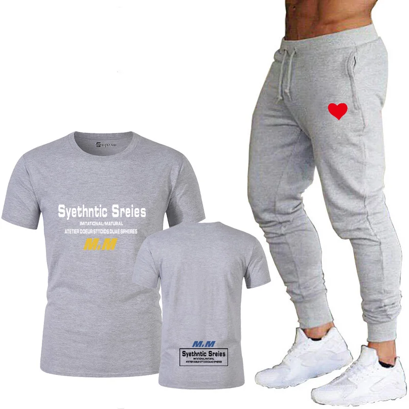 gray Летняя мужская футболка с надписью Syethntic Sreies, футболка с круглым вырезом, Повседневная брендовая одежда, мужская футболка, набор уличных штанов - Цвет: gray