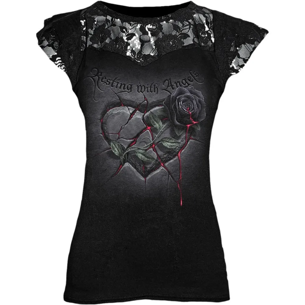 Gothic Punk Plus Size Black Graphic Lace Rose T-shirts Women Y2K Clothes Grunge Short Sleeve Hollow Out Tshirts Tee Tops 5XL