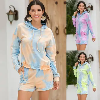 

Hot Sale Women Pajama Set Sleepwear Tie-dye Loungewear Hoodie Drawstring Shorts Nightwear Plus Size For Ladies