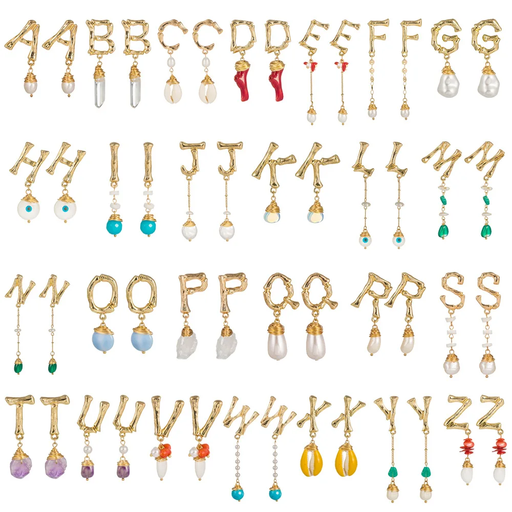 

A-Z 26 Pendientes Iniciales alphabet Letter stone pearl natural shell Earrings Color Jewelry Christmas Gifts For Women Girls