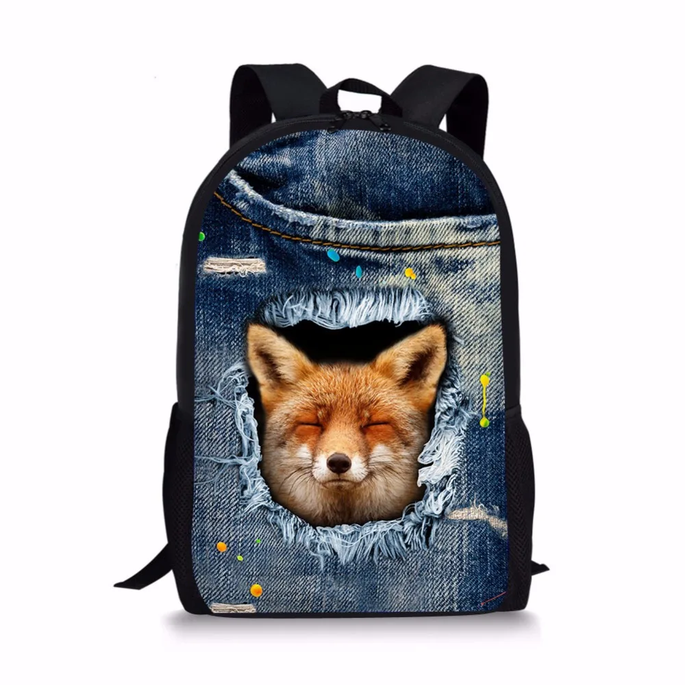 Fox Backpack College Student School Bags for Teenagers Denim Fox Printed Mochila Casual Book Bag Travel Daypack