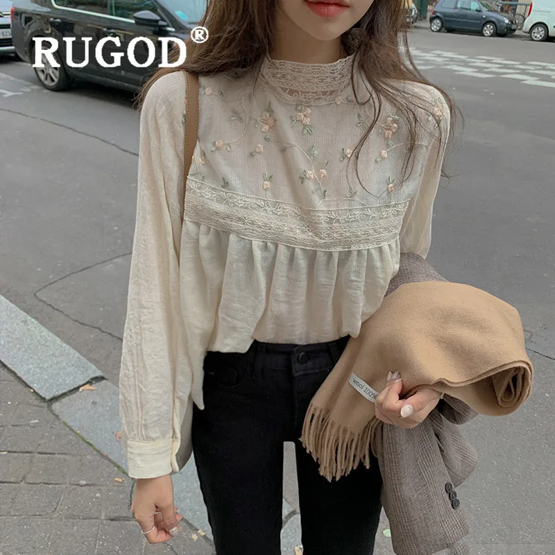 RUGOD, элегантный кружевной топ, белая рубашка, вышивка, туника для женщин, блузки с длинным рукавом, Boho Chic, корейская мода, одежда, половина воротника