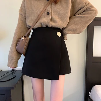 

Big Metal Buttons Pencil Skirts Women Sexy Short Mini Skirts Vintage Korean Wool Skirts Chic Autumn Thick A-Line High Waist W427