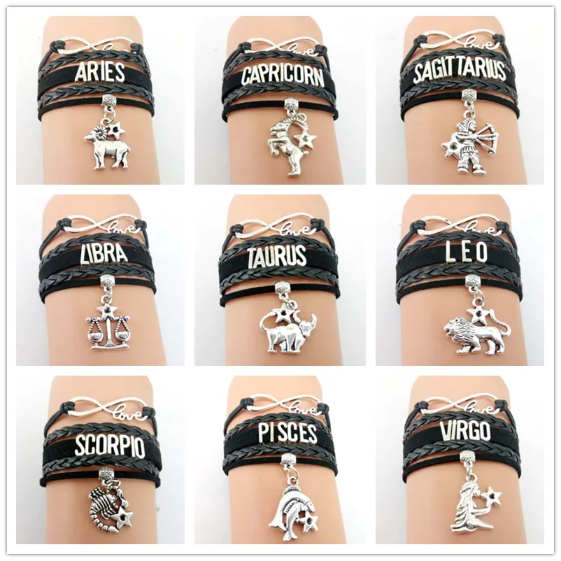 

Hot Sale Signs of The Zodiac Twelve Constellations PU Leather Woven Bracelet Eight Shaped Love Charm Bracelet