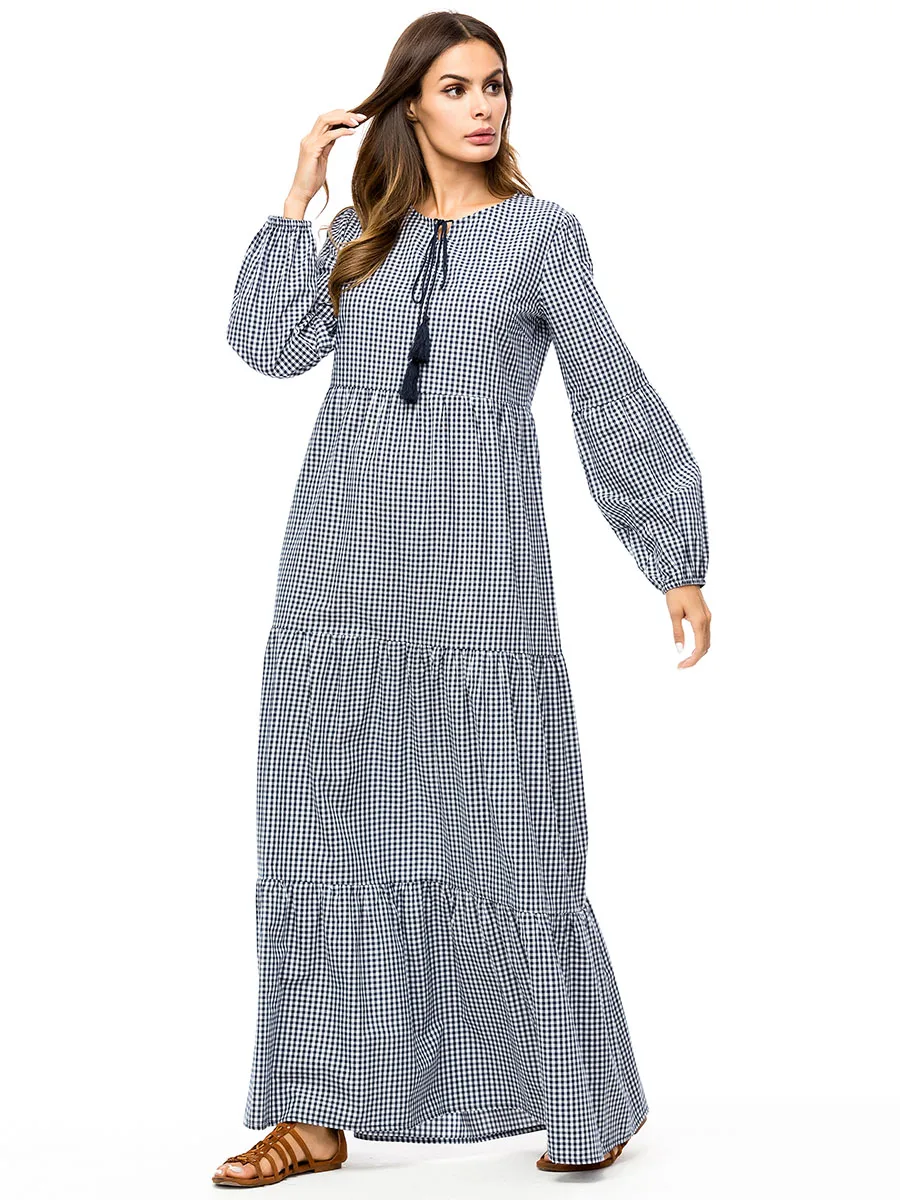 BNSQ с круглым вырезом и длинными рукавами, клетчатое плиссированное платье, женское мусульманское платье исламское платье, одежда