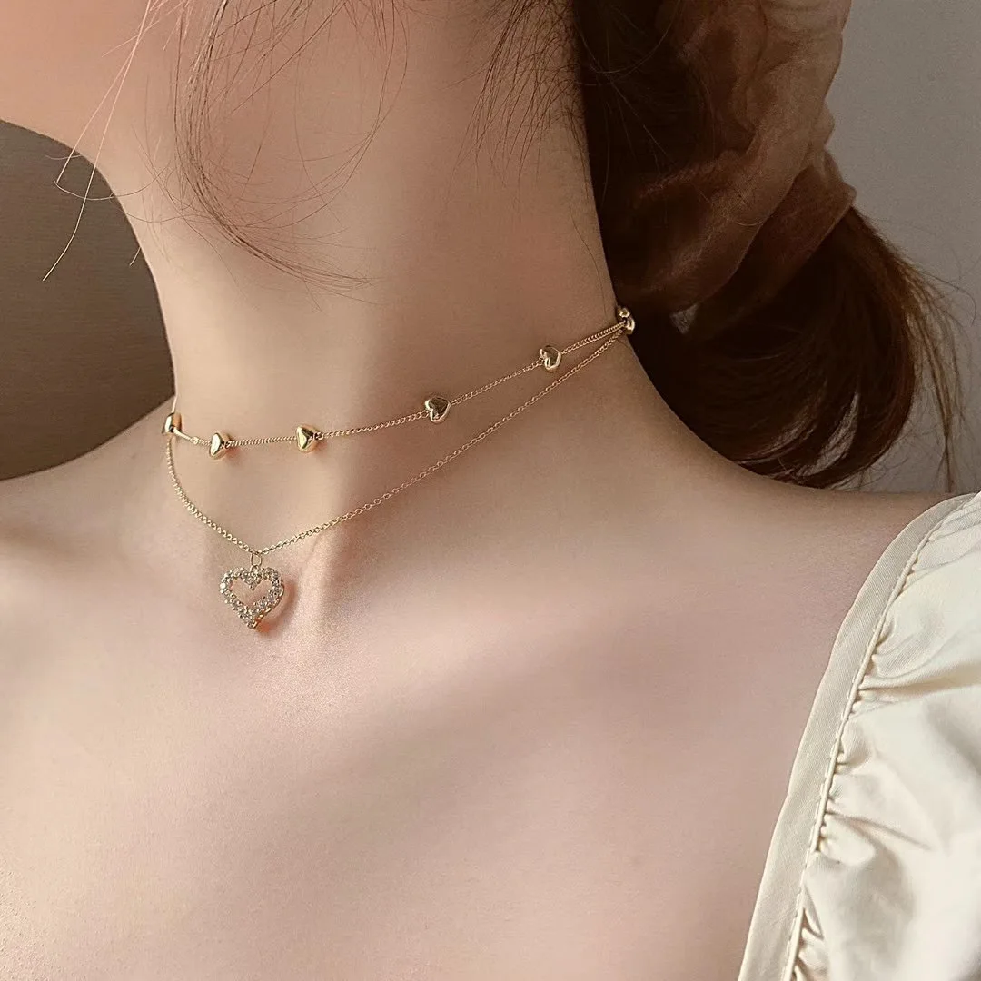Korean new fashion jewelry multi-layer chain copper inlaid zircon love pendant cute careful shape clavicle female necklace